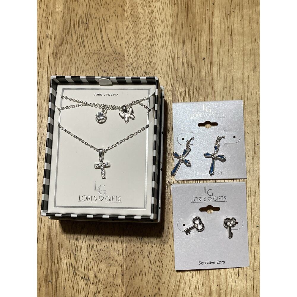 Cross Butterfly Necklace and‎ Key Earrings Silver Blue ~ Religious Faith Believe